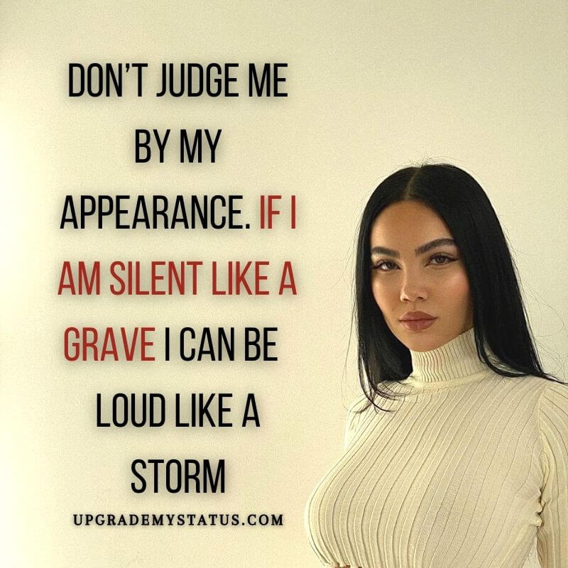 image of a classy girl with straight white hairs wearing high neck sweater over it attitude quote is written