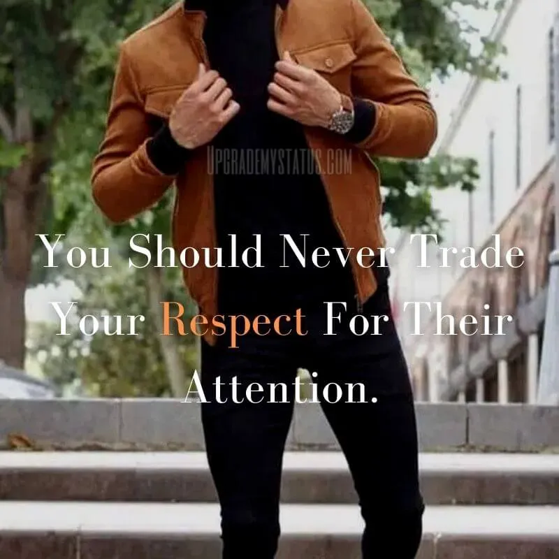 a sentence about attitude is written over a image of man wearing brown jacket and black shirt