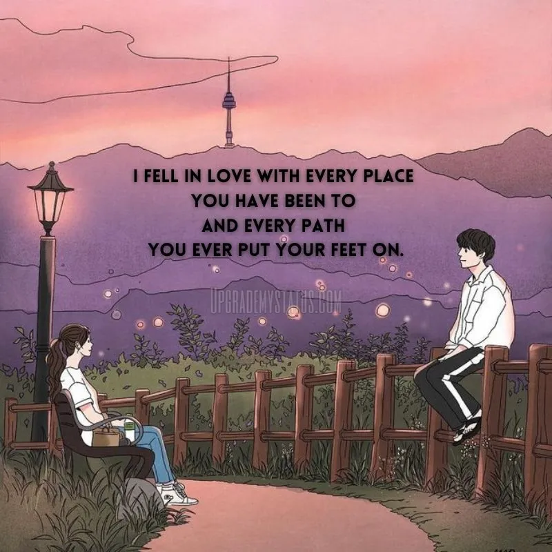 abstract image of girl sitting on an bench and boy sitting on a wooden fence over it romantic status about love is written