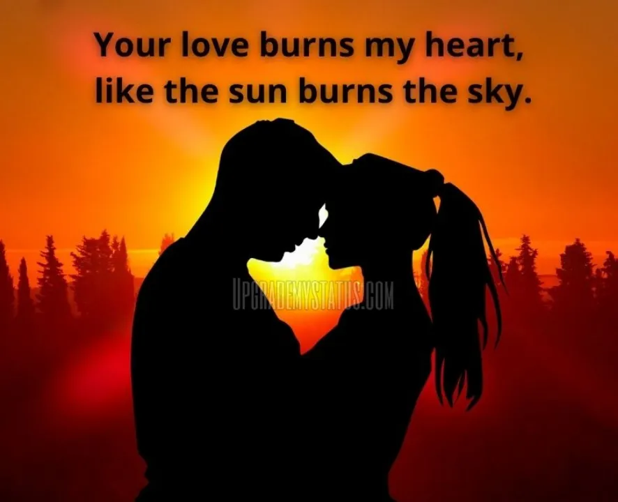 image of a girl and boy standing in front of sun over it some romantic lines are written
