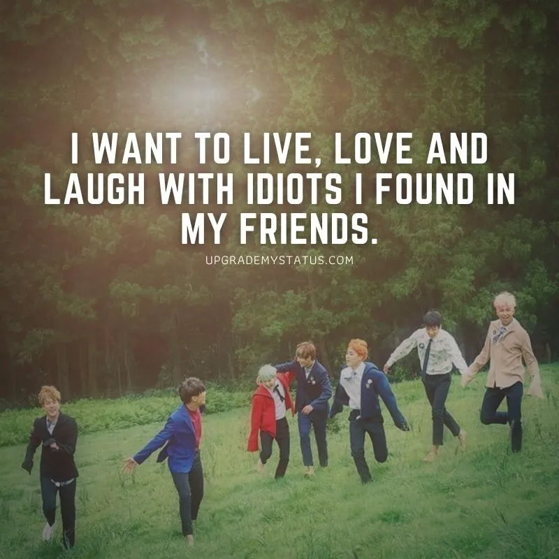 seven friends are running down on a grass having fun with friendship quotes for WhatsApp status written on it.