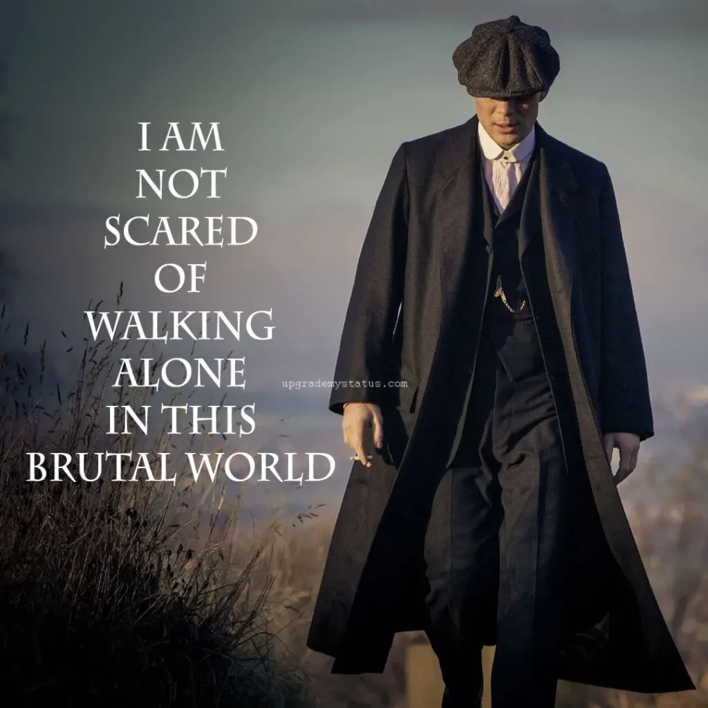 A line about walking alone in this world is written over a image of man wearing black suit and cap