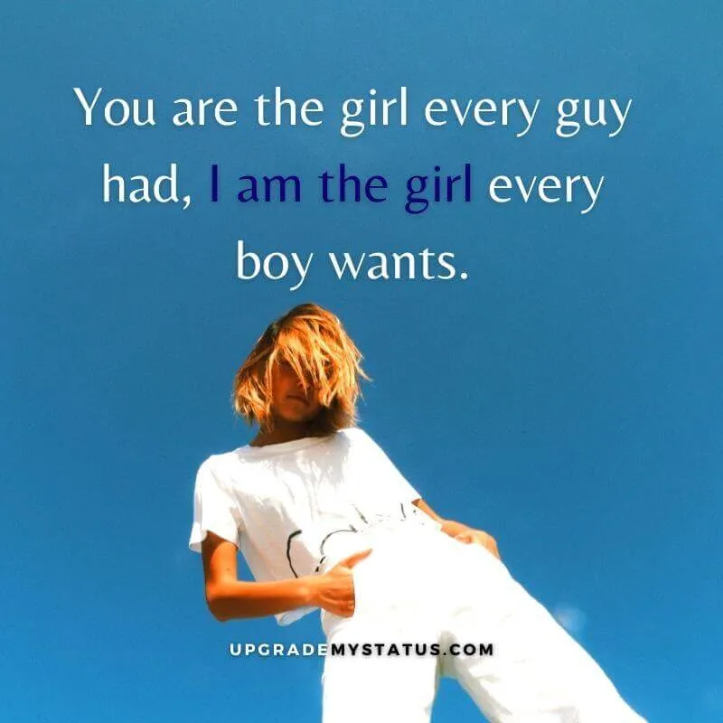 Girl attitude status in english is written over a image of girl wearing white shirt and jeans, standing in a classy way with her hands in the pocket