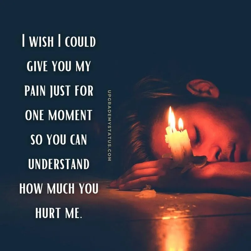 A boy is laying on a  floor with a burning candle on his hand over it sentence explaining how much he is in pain is written