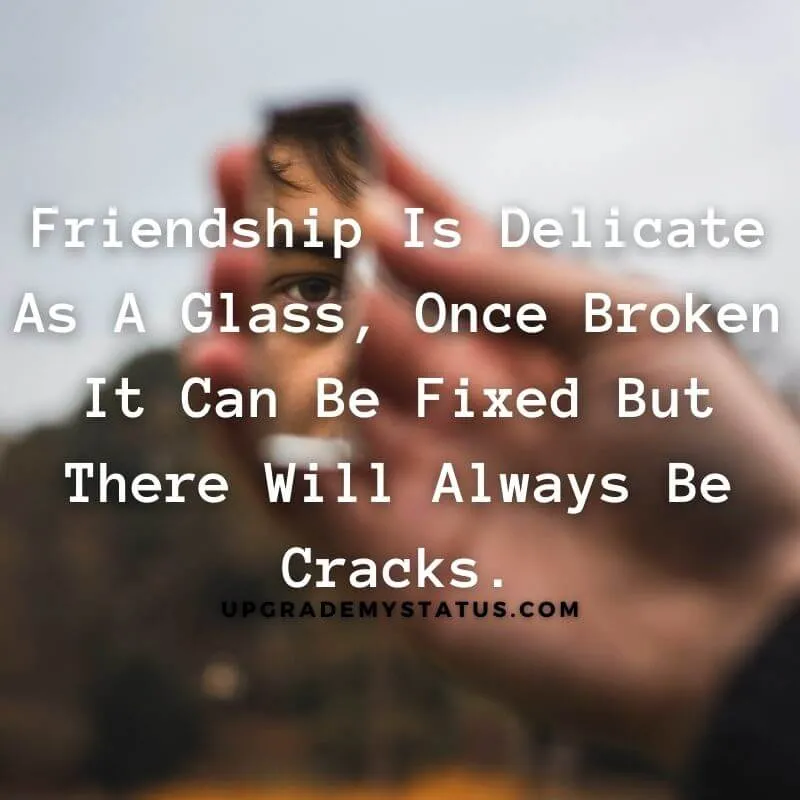 A quote about friendship broke status written over a image showing boys hand holding a piece of mirror