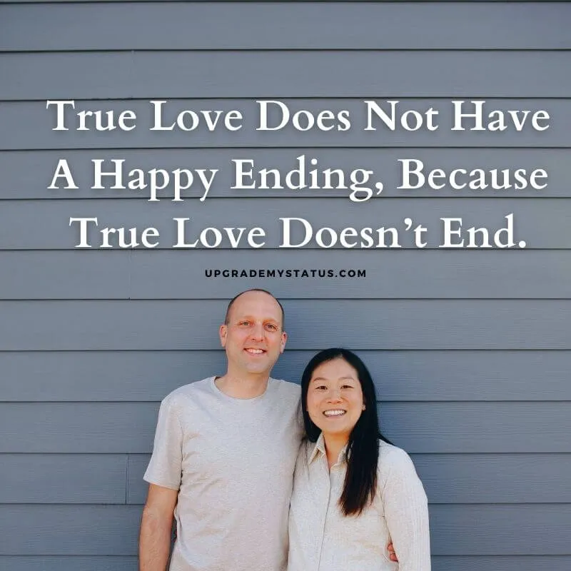 image of middle age couple smiling at the camera over is love line explaining that love never ends is written